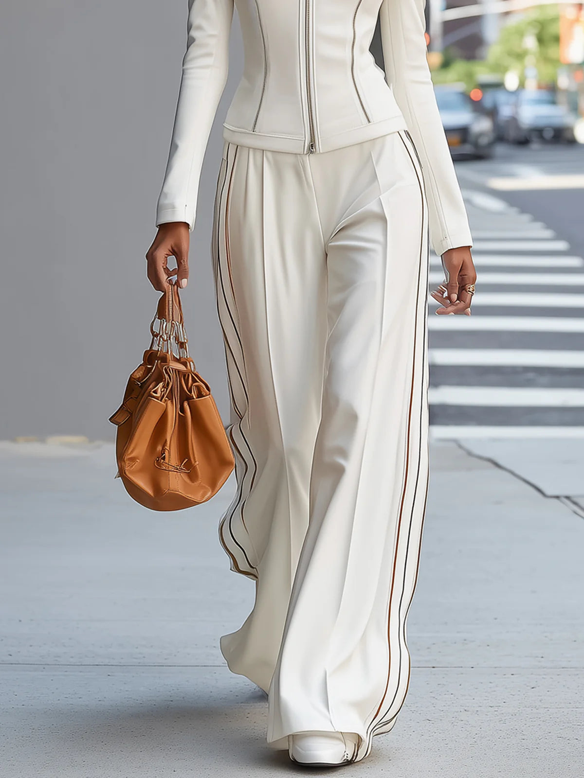 White Stand-Up Collar Zip-Up Wide Pant Set