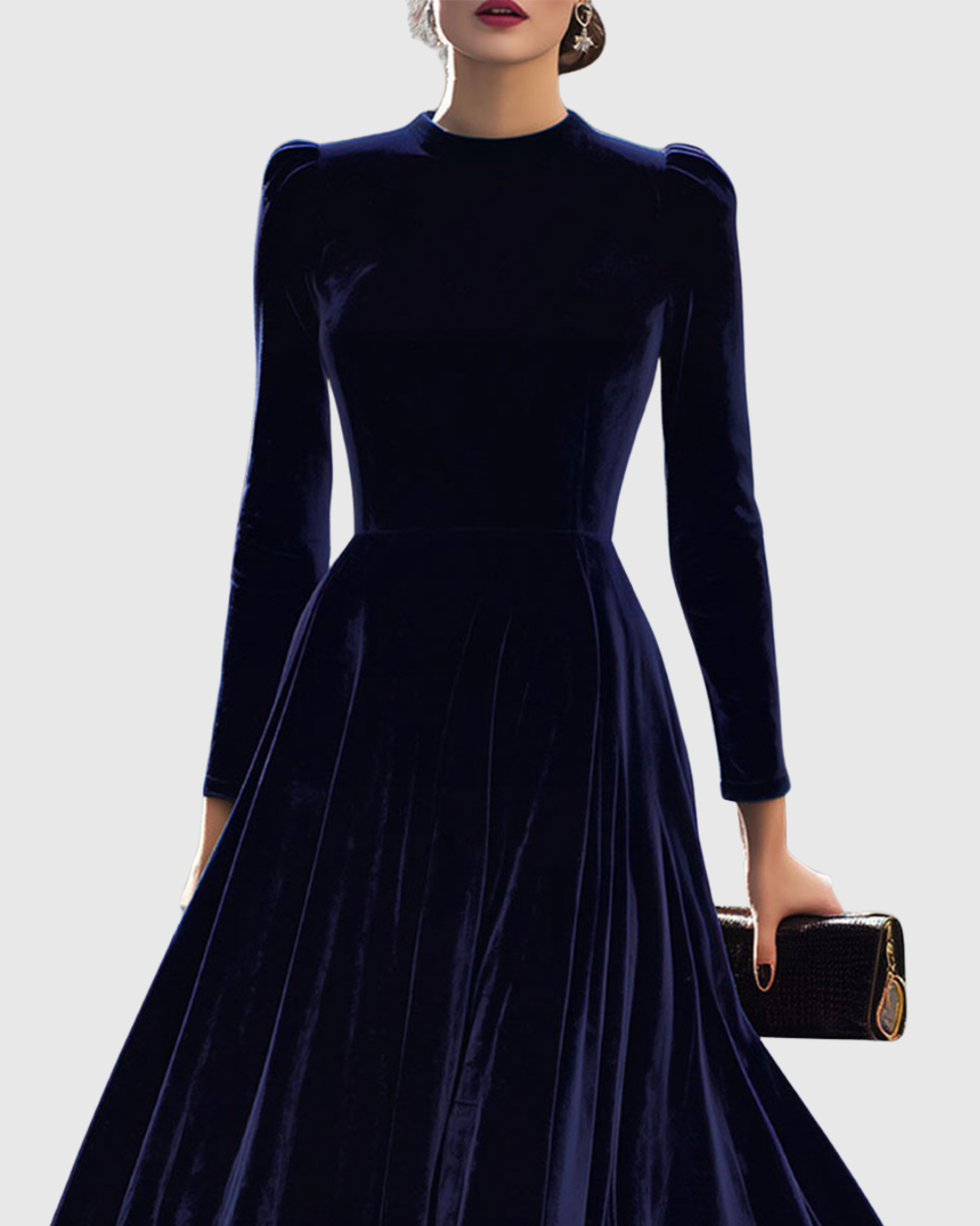 Liora™ | Navy Blue Midi Dress with Long Sleeves