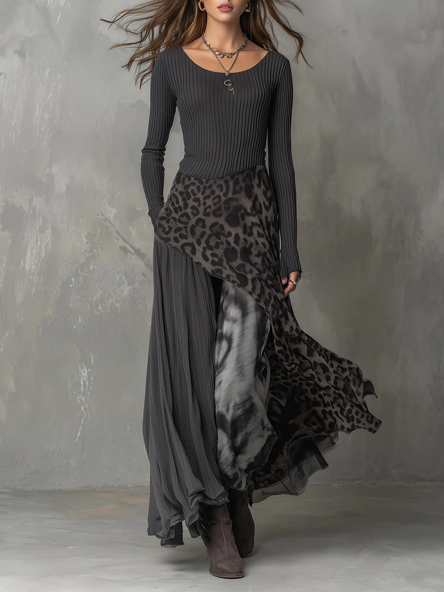 Gray Pit Stripe Leopard Print Splicing Asymmetrical Hem Maxi Dress