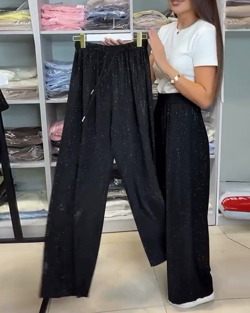 Elegant High-Waisted Shiny Wide Leg Pants