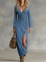 Agape | V-neck Single Button Side Split Denim Long Sleeve Maxi Dress