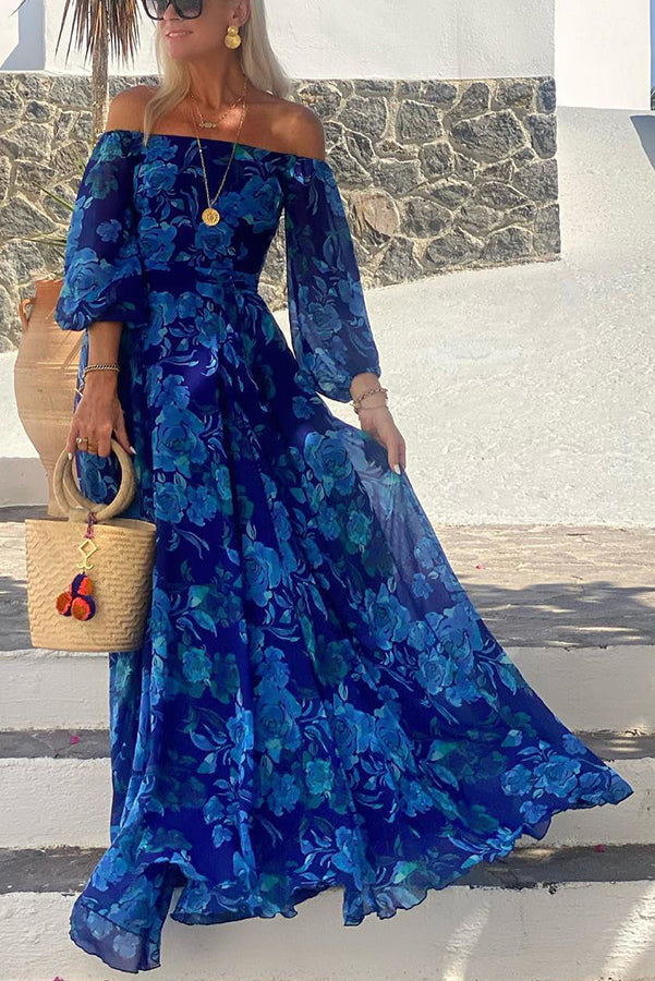 Francesca - Long dress with floral print and off-the-shoulder sleeves
