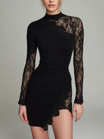 Black Turtleneck Lace Asymmetrical Tulle Long Sleeve Mini Dress