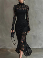 Elegant Black Stretch Lace Fishtail Maxi Dress