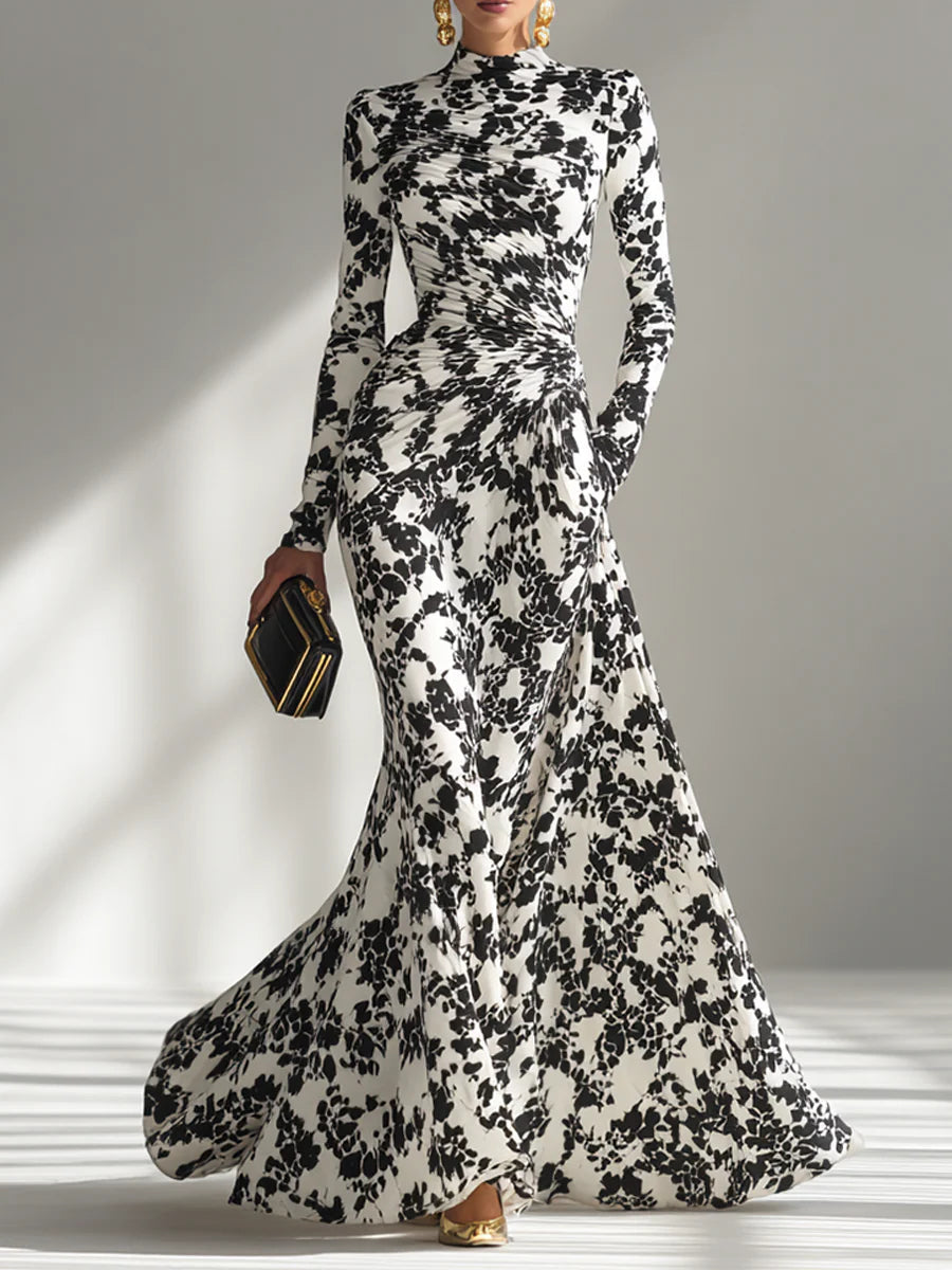 Black and White Pattern Stretch Mix Wrap Dress