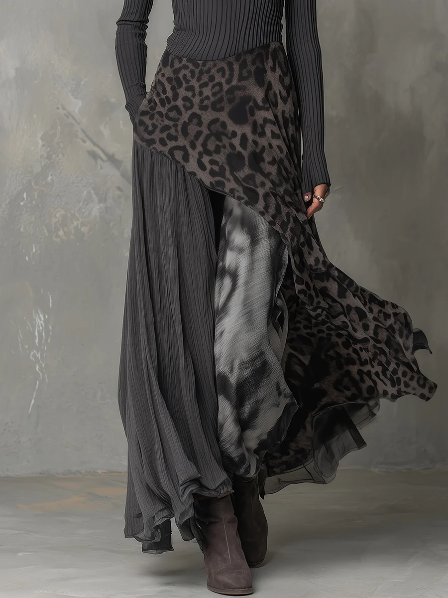 Gray Pit Stripe Leopard Print Splicing Asymmetrical Hem Maxi Dress
