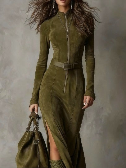Evelyn | Suede dress with belt and zipper